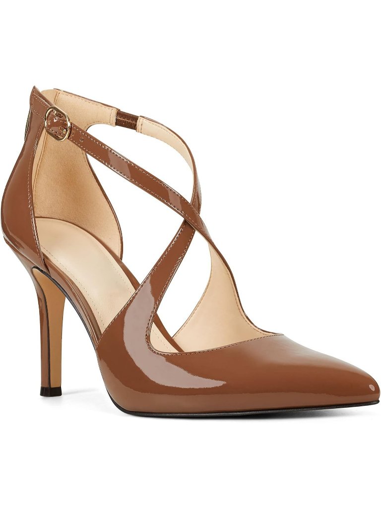Women's Dark Brown High Heels Pumps Pointed Toe Crossed Strap Zip Up Party Shoes